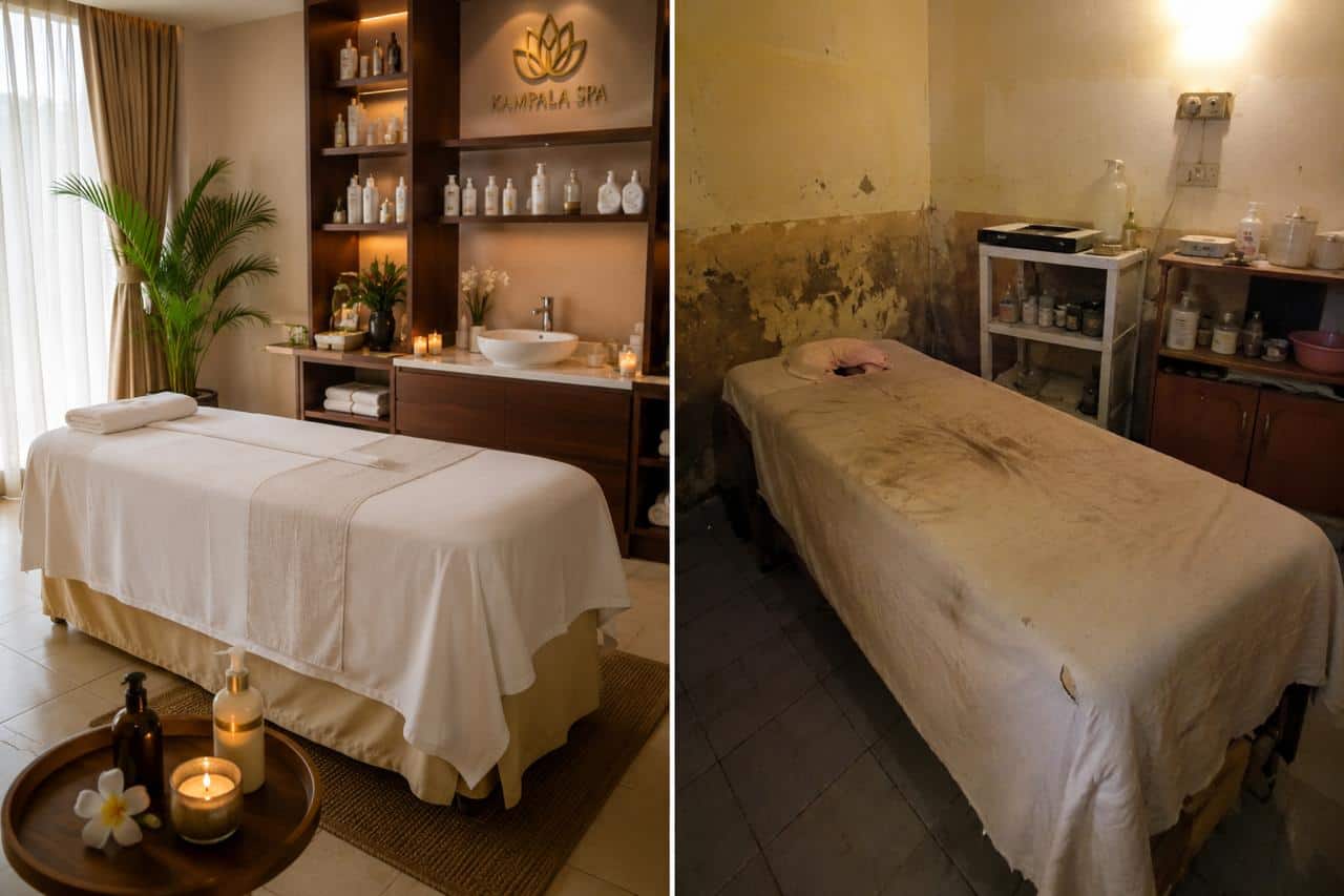 clean professional spa versus poorly maintained venue in Kampala