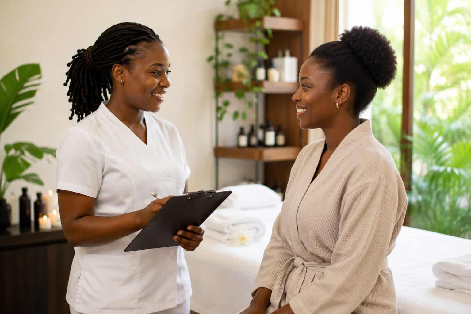 professional spa therapist consulting with client in Kampala