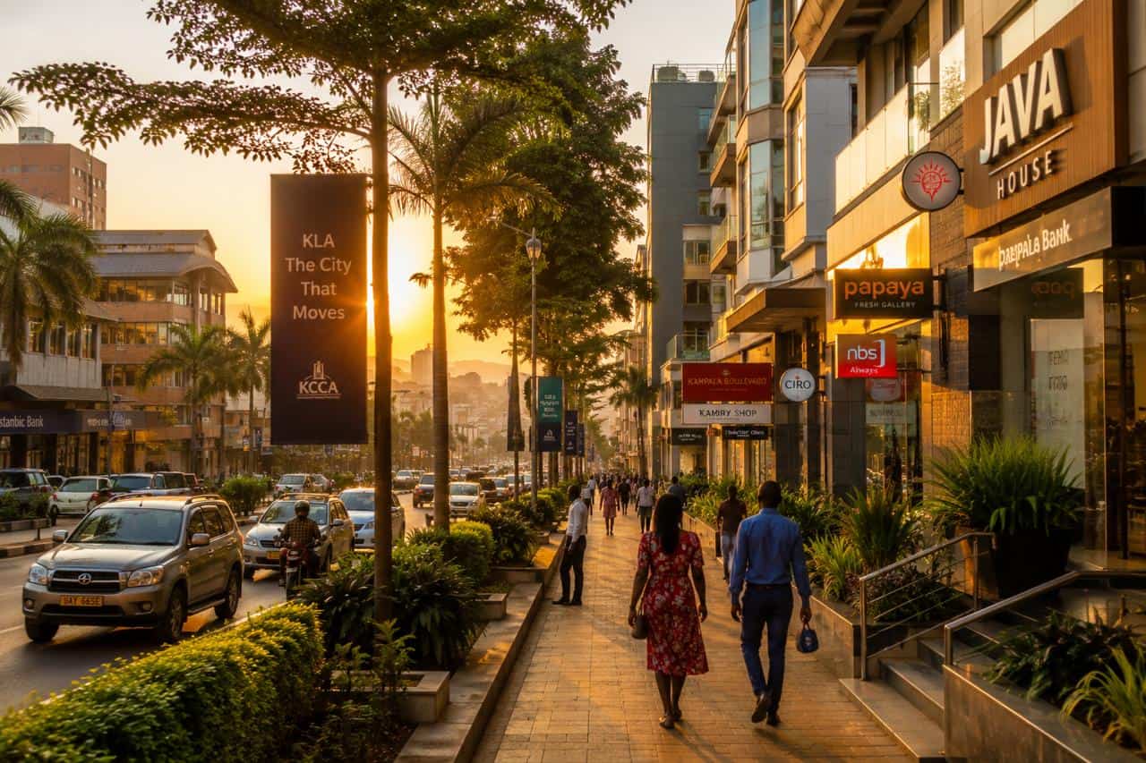 Kampala city street in upscale neighbourhood golden hour